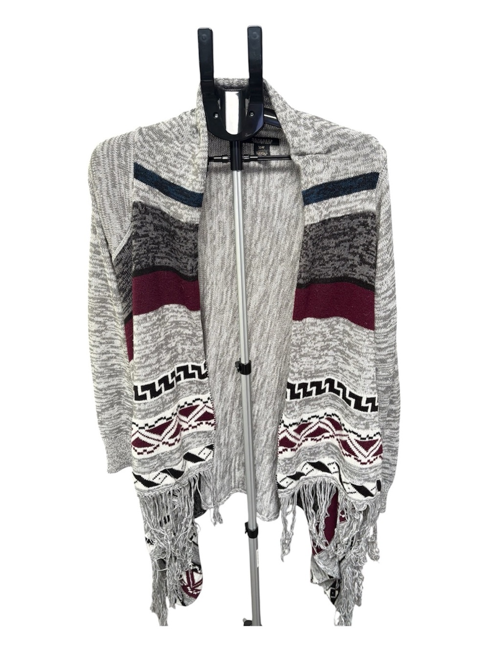 Reverend Style 1313 Geometric Fringe Cardigan Gray Burgundy Size Medium